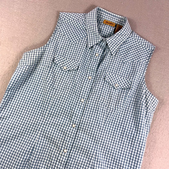 Wrangler Tops - Wrangler Womens Blue Gingham Sleeveless Western Snap Shirt LRW257M Medium
